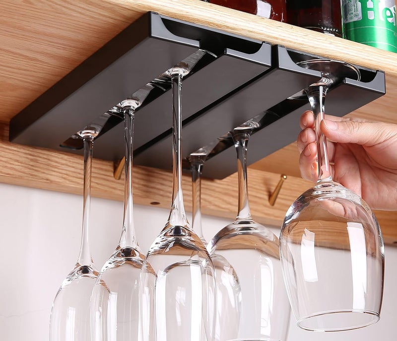 runruii Wine Glass Holder Under Shelf Cabinet Wine Glass Rack Plastic Stemware Rack Glassware Drying Storage Hanger for Kitchen,Bar and Restaurant (Black-2Pack) - Image 1